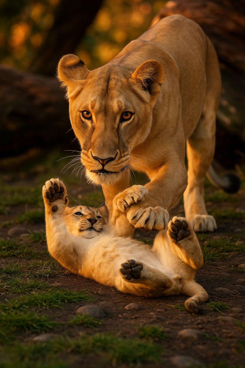 Lion cub play wildlife nature safari animal mammal predator wild grass ground paw claw eye ear sunlight shadow outdoors a lioness stands on the ground with her head slightly turned to the left, her eyes focused on something in the distance. She has a muscular build and a mane that frames her face. In front of her, a young lion cub is lying on its back, its paws raised in the air, playfully engaging with the lioness. The cub's fur is lighter in color compared to the lioness, and it appears to be enjoying the interaction. The background is blurred, showing a natural setting with some greenery and a tree trunk. The lighting is warm, casting a golden hue over the scene.