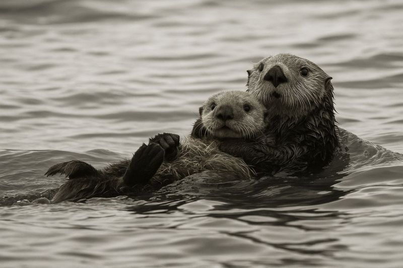 Otter sea water swimming wildlife mammal nature ocean marine animal baby parent holding care protection love family a mother otter is holding her baby otter in her arms while they float in the water. The mother otter has a large, round head with a prominent nose and whiskers, and her fur is wet and slicked back. The baby otter is smaller and has a similar appearance, with a round head and whiskers. The water is calm and dark, and the otters are the only visible subjects in the image.