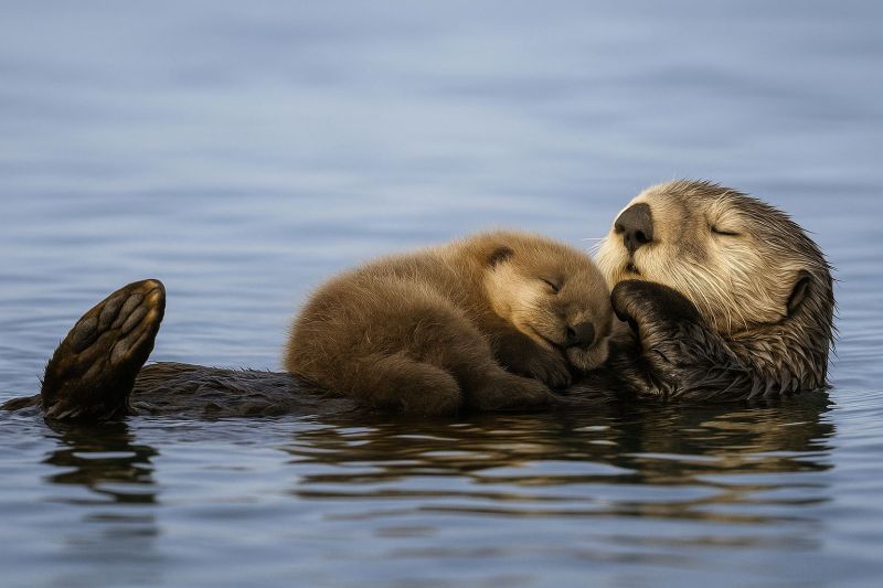 Otter ocean water swimming wildlife nature parenting affection sleeping cuddling sea animal mammal conservation baby mother marine life family a mother otter and her baby otter are floating peacefully in calm water. The mother otter, larger and more robust, is lying on her back with her eyes closed, gently cradling the baby otter against her chest. The baby otter, smaller and with a lighter fur color, is nestled close to its mother, also appearing to be asleep. The water is clear and blue, reflecting the sky above, and there are no other visible animals or objects in the scene.