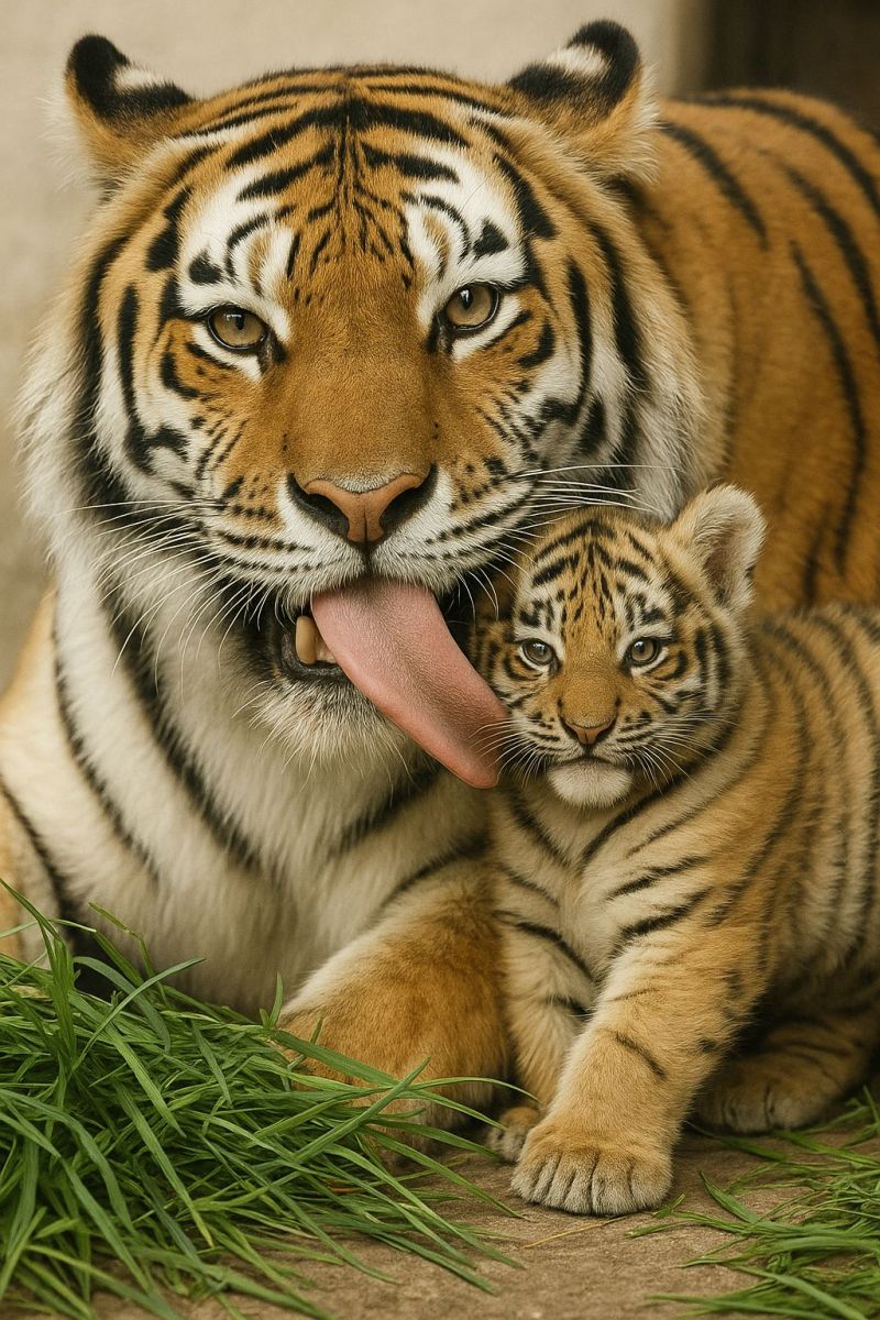 Tiger cub wildlife mammal feline predator endangered conservation jungle habitat stripes mother baby animal nature zoo safari big cat An adult tiger with a white and black striped coat is sitting on the ground with its tongue out, playfully interacting with a small tiger cub. The cub, smaller and with a similar striped pattern, is sitting next to the adult, looking up at it. The adult tiger's eyes are focused on the cub, and the cub's eyes are bright and alert. The background is blurred, suggesting they are in a natural setting.
