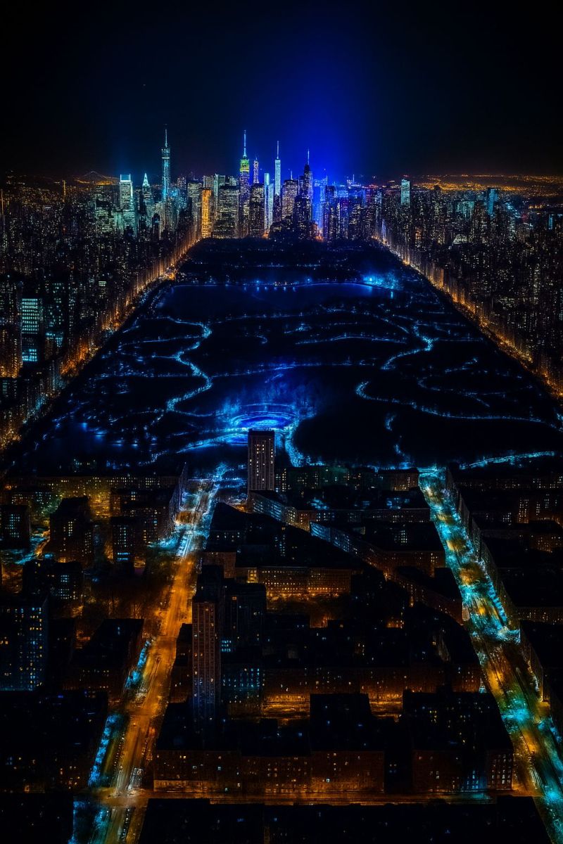 Urbain nuit ligne horizon batiments rue route ville architecture ciel bleu sombre illumination reflet eau pont tour point repere Une vue aérienne d'une ville la nuit montre un grand plan d'eau illuminé avec des lumières bleues créant un motif en spirale. L'eau est entourée par un paysage urbain dense avec de nombreux bâtiments, gratte-ciel et rues illuminées. La ville s'étend avec un réseau de routes et de bâtiments, et la ligne d'horizon est parsemée de structures élevées. Le ciel est sombre, et les lumières de la ville créent un effet vibrant et lumineux contre la nuit.