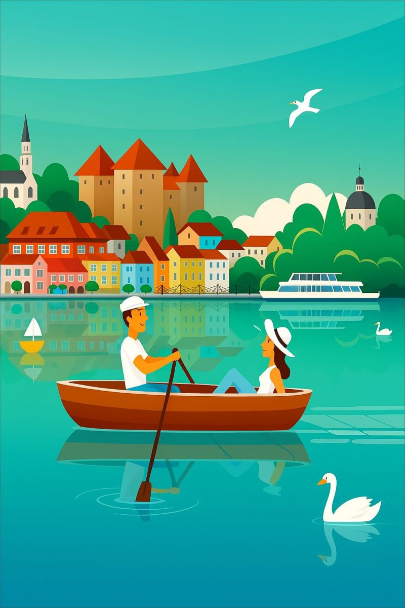 Annecy boat couple city lake water sky swan bird cruise building town river sailing travel vacation recreation ship a couple is seen enjoying a peaceful day on a lake. They are in a small, brown rowboat, with the man wearing a white cap and the woman wearing a white hat. The man is rowing the boat with a paddle, while the woman is sitting comfortably, looking at him. The lake is calm, with reflections of the boat, paddle, and the couple visible on the water's surface. In the background, there is a picturesque town with colorful buildings, a church with a steeple, and a large white boat sailing on the lake. Trees and a few birds add to the serene atmosphere.