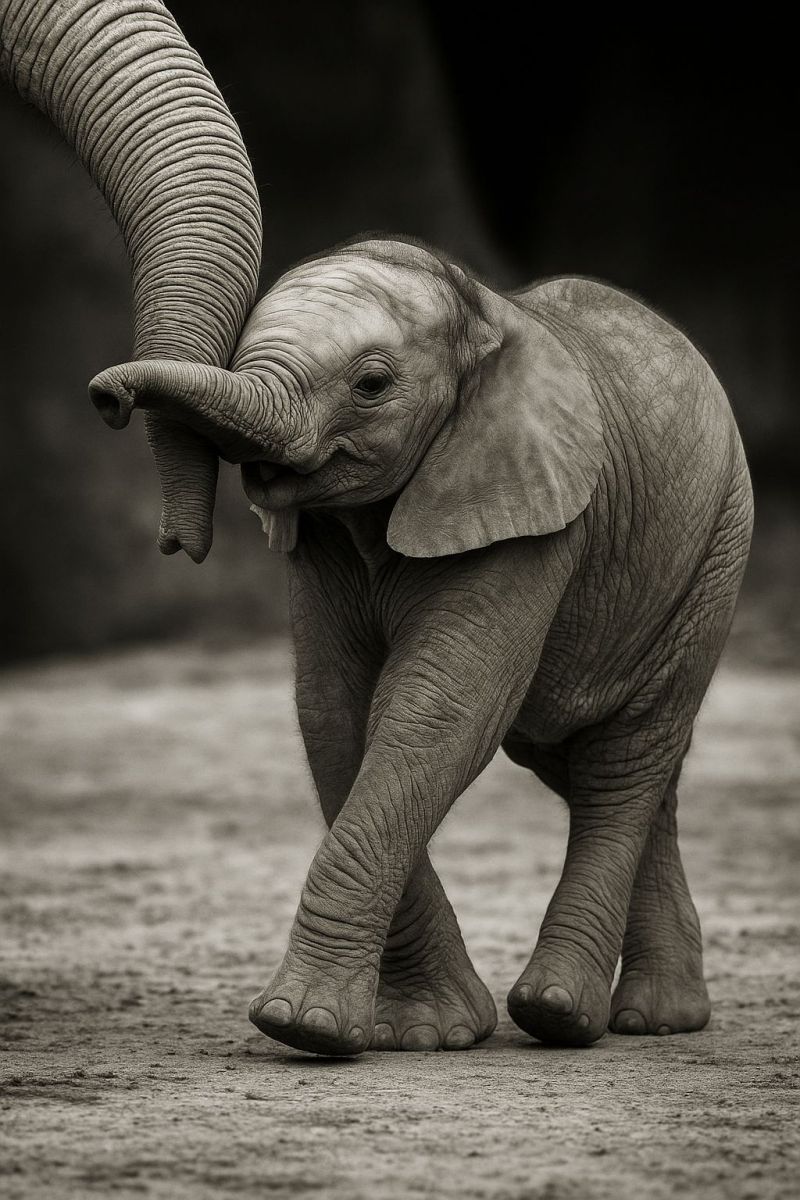 Elephant trunk ear foot ground wildlife nature animal mammal gray cute playful outdoors baby behavior calf family In a black and white photograph, a baby elephant is walking with its trunk raised. The baby elephant has a small, round head with large, expressive eyes. Its ears are small and rounded, and its trunk is curled up. The elephant's body is covered in wrinkles, and its legs are sturdy and strong. The background is dark and blurry, with no other objects visible.