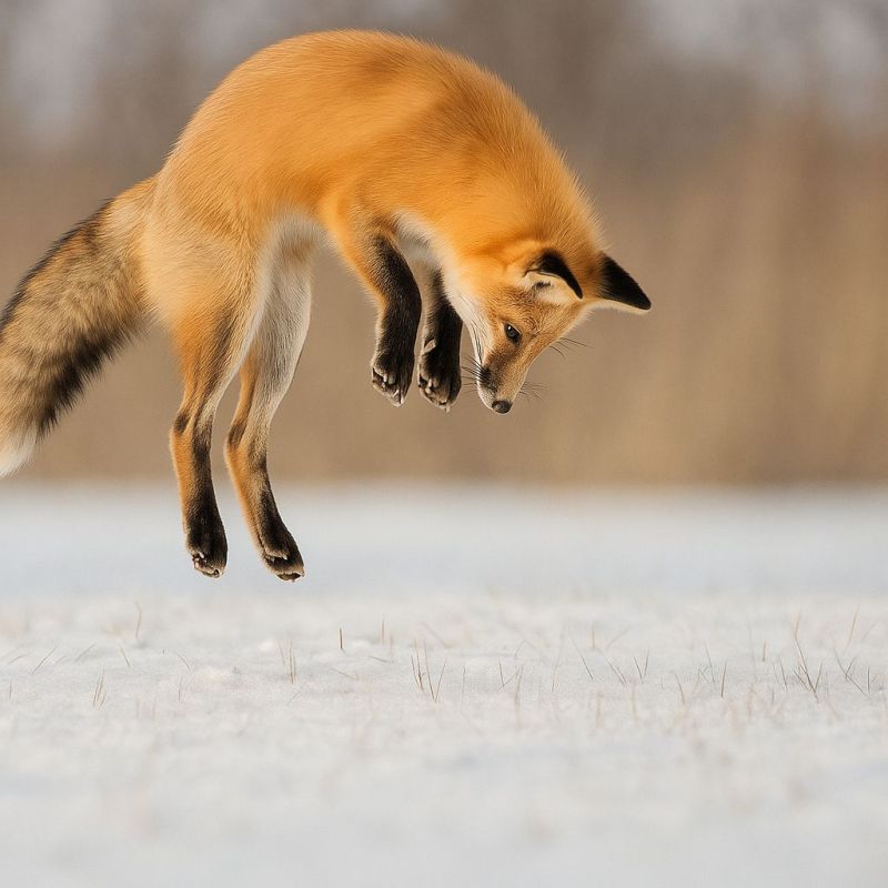 Fox jump snow wildlife nature animal mammal outdoors wild predator carnivore fur tail paws ears eye grass ground motion blurry A red fox is captured mid-jump, showcasing its agility and grace. The fox has a vibrant orange coat with a white underbelly, and its bushy tail is extended behind it. Its ears are pointed, and its eyes are focused forward, indicating alertness. The fox's paws are lifted off the ground, with its front paws slightly higher than its back paws, suggesting a leap. The background is a snowy landscape with sparse, dry grass, and the sky is overcast, adding to the serene and natural atmosphere of the scene.