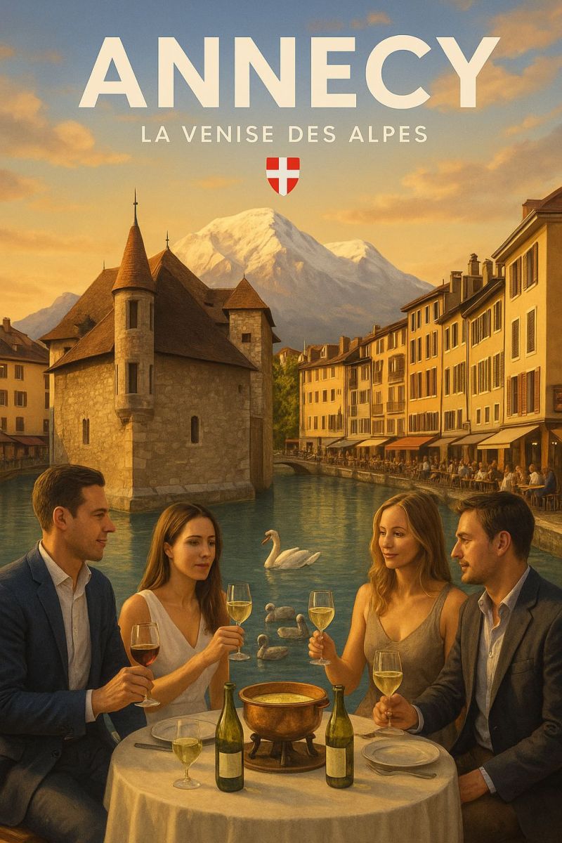 Annecy venise alpes suisse drapeau montagnes ville village cite architecture batiments canal eau cygnes gens couples diner vin tourisme Scène pittoresque d'Annecy, en France, connue comme 
