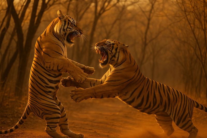 Tigres faune animal nature predateur mammifere felin jungle danger conservation safari sauvage foret carnivore grand chat sanctuaire reserve Deux tigres sont engagés dans un combat féroce sur un chemin de terre dans une forêt. Le tigre sur la gauche est debout sur ses pattes arrière, sa bouche ouverte en rugissant, et ses pattes avant levées comme pour frapper. Le tigre sur la droite est également debout sur ses pattes arrière, sa bouche ouverte en rugissant, et ses pattes avant étendues vers l'autre tigre. Les deux tigres ont des rayures noires sur leur corps, et l'arrière-plan est une forêt avec des arbres et une lumière chaude et dorée.