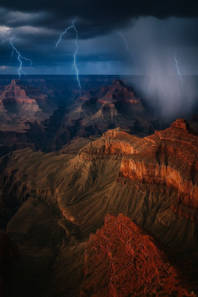 Aerien nature tempete orage eclair nuages montagnes vallee wilderness air geologie meteo atmosphere dramatique majestueux grandiose canyon roche forma L'image capture une vue aérienne dramatique du Grand Canyon pendant un orage. Des nuages sombres et lourds remplissent le ciel, avec des éclairs frappant la scène. Les formations rocheuses escarpées et stratifiées du canyon sont illuminées par les éclairs, révélant leurs textures complexes et leurs teintes rouges et brunes profondes. L'atmosphère est intense, avec la pluie qui déverse, ajoutant à l'effet dramatique. Le paysage est vaste et impressionnant, mettant en valeur la puissance brute et la beauté de la nature.