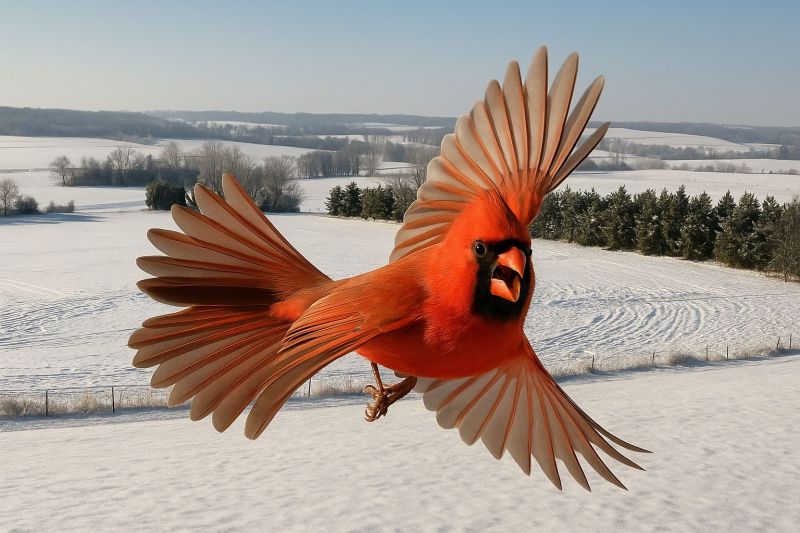 Oiseau rouge aile plume ciel vol neige nature sauvage animal Un cardinal rouge vif est en plein vol dans un paysage enneigé. Ses ailes sont largement déployées, affichant un mélange de plumes rouge vif et beige. La tête de l'oiseau est tournée sur le côté, et il a un visage noir avec un bec rouge. L'arrière-plan présente un vaste champ enneigé avec des arbres clairsemés et un ciel bleu clair. Le sol est recouvert de neige, et il y a de faibles traces de pneus visibles au loin.