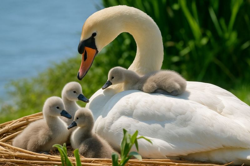 Cygne cygnus nid olor columbianus buccinateur melancoryphus atratus bewickii Une famille de cygnes est rassemblée dans un nid. Le cygne adulte, un oiseau blanc gracieux avec un bec orange, est assis de manière protectrice sur ses petits. Le nid est fait de branches tissées et est niché parmi quelques plantes vertes. Les jeunes cygnes, avec leurs plumes grises duveteuses et leurs petits becs noirs, sont blottis près de leur mère. L'arrière-plan présente un plan d'eau serein et une verdure luxuriante, créant un cadre paisible et naturel.