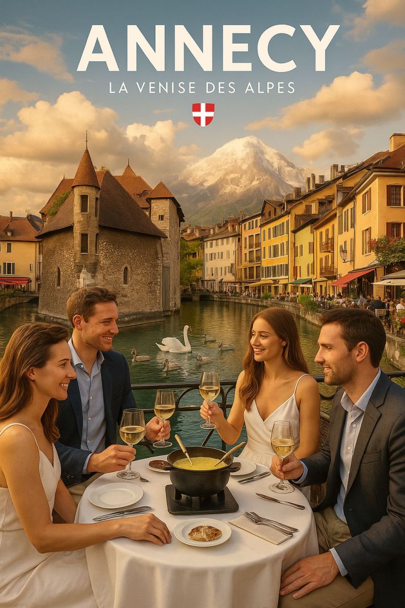 Annecy venise alpes suisse drapeau montagnes village ville architecture culture tourisme voyage destination vacances escapade aventure experience expl Quatre personnes sont assises autour d'une table sur une pittoresque terrasse extérieure. Elles sont toutes souriantes et semblent profiter d'un repas ensemble. La table est garnie d'assiettes, de verres à vin et d'une marmite de soupe. Le cadre est élégant, avec une nappe blanche et un fond de lac serein. Derrière elles, il y a un charmant château médiéval avec une tour, et au loin, une majestueuse chaîne de montagnes est visible. Le ciel est partiellement nuageux, ajoutant à l'ambiance pittoresque. L'image transmet un sentiment de détente et de plaisir dans un endroit magnifique et scénique.