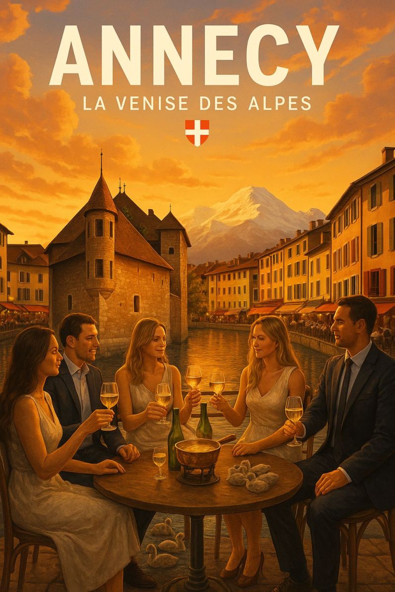 Annecy suisse venise alpes drapeau montagnes voyage tourisme culture architecture mode vie gens nourriture vin verre bouteille fromage Un groupe de six personnes est assis autour d'une table ronde dans un cadre extérieur. Ils tiennent des verres à vin, suggérant une réunion sociale. La table comporte une bouteille de vin et un bol de nourriture. Le cadre semble être une ville pittoresque avec des bâtiments et une montagne en arrière-plan. Le ciel est peint de couleurs chaudes, indiquant soit un lever de soleil, soit un coucher de soleil. Le groupe se compose de trois femmes et trois hommes, tous habillés en tenue formelle. La femme à gauche porte une robe sans manches, la femme au milieu a de longs cheveux, et la femme à droite porte un haut sans manches. Les hommes sont vêtus de costumes et de cravates. L'image a une atmosphère chaleureuse et accueillante, suggérant une célébration ou une occasion spéciale.