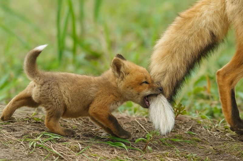 Fox cub animal wildlife nature mammal play paw grass ground fur tail ear mouth tongue claw claws paws A young red fox is playfully biting the tail of an adult red fox. The young fox is running and appears to be engaging in a playful interaction with the adult. The adult fox has a white-tipped tail, and the scene is set in a grassy area with some patches of dirt and small plants. The young fox has a light brown coat with darker patches, while the adult fox has a more vibrant red coat.