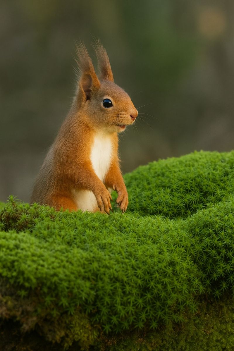 Ecureuil faune nature animal air foret mammifere fourrure queue habitat vert mousse roche buisson arbre branche feuille soleil ombre Un écureuil roux est perché sur une surface couverte de mousse. L'écureuil a un pelage orange vif avec un ventre blanc et une queue touffue. Ses oreilles sont pointées vers le haut, et il semble regarder vers la droite. La mousse est d'un vert vibrant avec une apparence texturée, légèrement bosselée. L'arrière-plan est flou, suggérant un cadre naturel en extérieur.