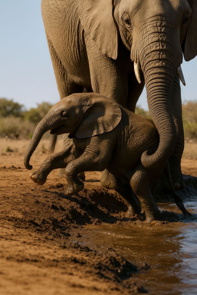 Elephant faune nature animal mammifere bebe veau trompe oreille defense eau boue sol habitat conservation voie disparition Un bébé éléphant se tient dans une flaque d'eau peu profonde, sa trompe levée comme s'il buvait. Le bébé éléphant a une petite tête ronde et de grandes oreilles pendantes. Derrière le bébé éléphant, un éléphant adulte se tient, sa trompe également levée, buvant peut-être de la même flaque. L'éléphant adulte a un corps large et ridé et de longues défenses courbées. L'arrière-plan montre un paysage sec et poussiéreux avec une végétation clairsemée. Le ciel est clair et bleu.