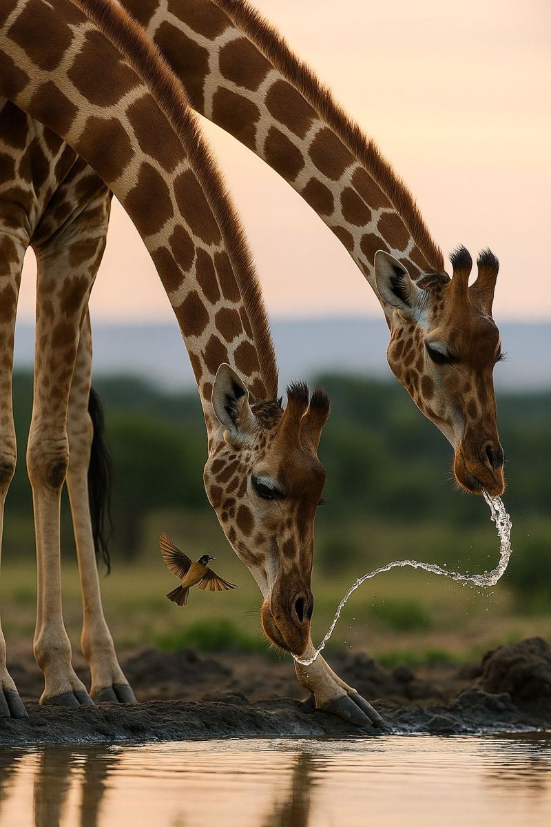 Girafe eau faune nature animal boire safari air lever soleil crepuscule reflexion mammifere observation oiseaux conservation habitat ecosysteme Deux girafes boivent de l'eau dans un étang. La girafe sur la gauche boit de l'eau avec la bouche ouverte, tandis que la girafe sur la droite boit de l'eau avec la bouche fermée. La girafe sur la gauche a un oiseau perché sur sa tête. Les girafes ont des taches brunes sur leur corps. Le ciel est clair, et le soleil se couche. L'eau est calme, et le reflet des girafes est visible sur l'eau.