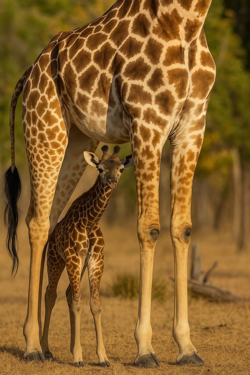 Girafe faune nature safari animal mammifere grand tachete dehors soleil herbe sol arbres habitat conservation bebe cou brun taches sec Une girafe haute se tient dans un cadre naturel, son corps couvert de taches brunes distinctives avec des points plus clairs. La tête de la girafe est légèrement tournée sur le côté, et ses grands yeux expressifs sont visibles. Sous la girafe adulte, une girafe plus petite, probablement son veau, se tient près de sa mère. Le veau a un cou plus court et une tête plus petite, et il semble regarder la girafe adulte. Le sol est recouvert d'herbe sèche, et il y a quelques arbres et arbustes en arrière-plan, suggérant un environnement de savane ou de prairie. L'éclairage est brillant, projetant des ombres claires et mettant en valeur les textures des pelages des girafes.