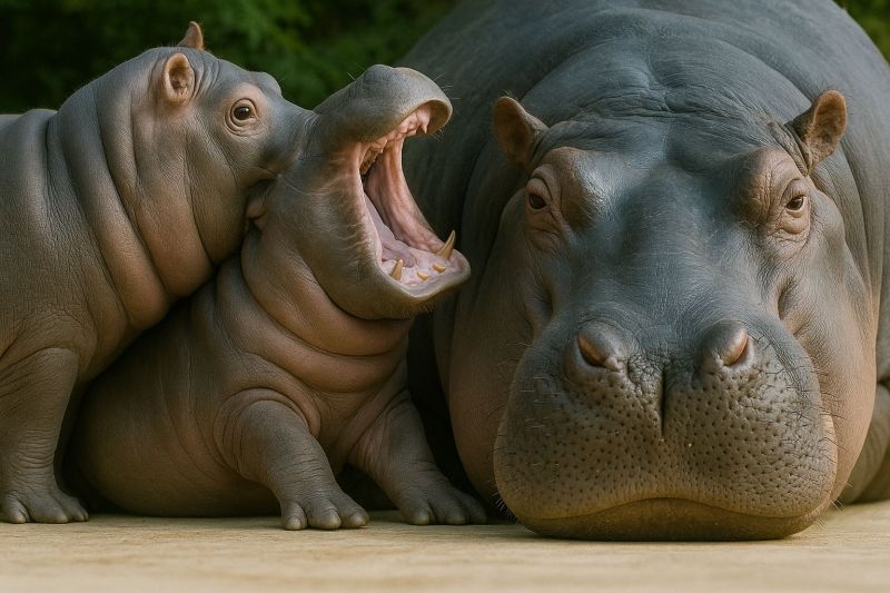 Hippopotamus faune zoo animal mammifere nature parentalite petit veau joueur mignon conservation habitat bebe hippopotame mere bouche ouverte espece Deux hippopotames sont allongés sur le sol, probablement dans un zoo. L'hippopotame adulte est plus grand et a une peau gris-brun, tandis que le bébé hippopotame est plus petit et a une peau brun plus clair. Le bébé hippopotame bâille et s'appuie contre l'hippopotame adulte, qui regarde le bébé avec la bouche légèrement ouverte. L'arrière-plan est flou, avec quelques arbres et plantes visibles.