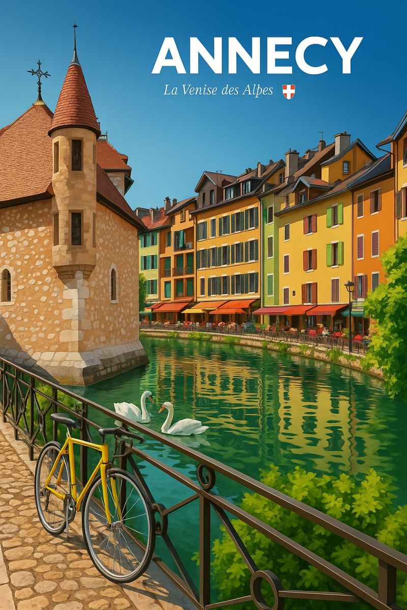 Annecy suisse alpes drapeau ville village cite architecture voyage tourisme destination carte postale culture histoire Scène pittoresque d'Annecy, en France, connue comme 