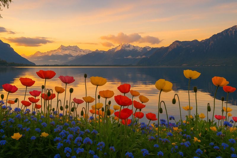Lac montagnes fleurs coucher soleil nature ciel reflet eau prairie coquelicots soiree flore horizon nuages beaute Au premier plan, un champ de fleurs vibrant s'épanouit, présentant un mélange de fleurs rouges, jaunes et bleues. Les fleurs sont hautes et ont des tiges fines, certaines ayant un aspect légèrement recourbé. Les fleurs sont entourées d'une herbe verte luxuriante. Au milieu du plan, il y a un lac serein reflétant le ciel et les montagnes. Les montagnes sont majestueuses et couvertes de neige, avec quelques nuages dispersés dans le ciel. Le ciel est un mélange de teintes orange et roses, indiquant le coucher du soleil. La scène globale est paisible et pittoresque, avec les fleurs et les montagnes créant un contraste saisissant.