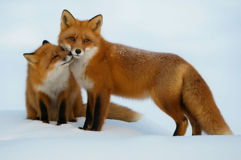 Fox snow wildlife nature animal mammal winter cold outdoors fur family parent cub kiss affection companionship habitat environment ecology Two red foxes are standing in a snowy landscape. The larger fox, with a bright red coat and a white underbelly, is standing upright, while the smaller fox, also red with a white underbelly, is sitting and appears to be nuzzling the larger fox. Both foxes have sharp, alert eyes and pointed ears. The snow is white and covers the ground, and the sky is clear and blue.