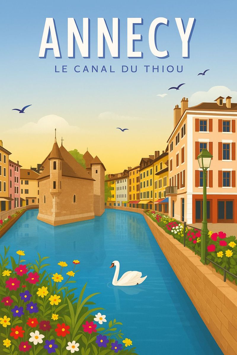 Annecy urbain canal cygne fleurs batiments pont ciel oiseaux balcon cloture arbres maisons eau thiou lampe poteau Scène pittoresque d'Annecy, en France, présentant un canal serein avec un cygne flottant gracieusement dans l'eau. Le canal est bordé de fleurs vibrantes et colorées d'un côté et de charmants bâtiments de l'autre. Les bâtiments sont peints dans diverses couleurs pastel, certains présentant des balcons ornés de plantes en pot. En arrière-plan, il y a une structure de type château avec une tour, ajoutant au charme historique de la scène. Le ciel est d'un bleu clair avec quelques nuages éparpillés, et des oiseaux volent au-dessus, contribuant à l'atmosphère tranquille. La scène globale rappelle une ville européenne classique, avec un mélange de beauté naturelle et d'élégance architecturale.