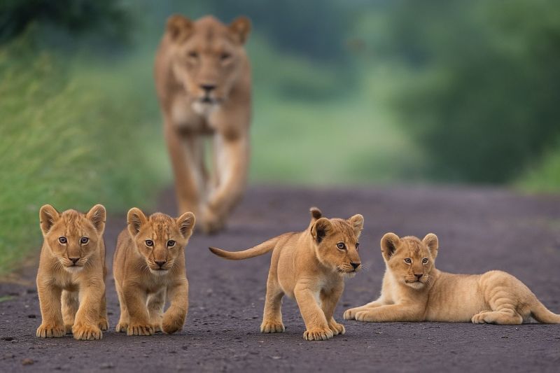 Petits lions vie sauvage safari nature predateur mammifere famille animal jungle conservation habitat air carnivore felin grand chat espece menac Une lionne mène un groupe de quatre jeunes lionceaux le long d'une route. La lionne marche légèrement en avant, son corps tourné vers les lionceaux, assurant leur sécurité. Les lionceaux sont disposés en ligne, deux debout et deux allongés. Les lionceaux sont de tailles variées, indiquant différents âges. La route est entourée de verdure luxuriante, avec de l'herbe et des arbres visibles en arrière-plan. La scène se déroule dans un environnement naturel et extérieur, probablement dans une réserve naturelle ou un parc national.