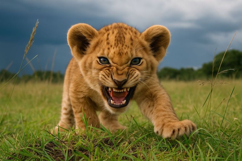 Faune predateur petit animal mammifere nature safari herbe prairie champ air joueur jeune feroce sauvage rugissement pattes lion Un jeune lionceau est capturé en pleine action dans un champ herbeux. Le lionceau est à quatre pattes, la gueule ouverte dans ce qui semble être un grognement joueur. Sa fourrure est d'un brun clair avec des taches plus sombres, et ses yeux sont d'un bleu saisissant. Les oreilles du lionceau sont dressées, et il semble regarder directement la caméra. L'arrière-plan montre un vaste champ ouvert avec de hautes herbes et un ciel nuageux, suggérant un cadre naturel et extérieur.