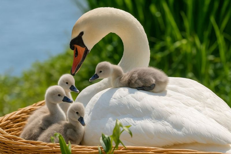 Cygne cygnus oiseau aquatique eau lac nid olor buccinator columbianus melancoryphus atratus bewickii Un cygne blanc au long cou gracieux est assis dans un panier tissé rempli de jeunes cygnes. Le cygne a un cache-oeil noir et un bec orange. Les jeunes cygnes, ou cygneaux, sont assis dans le panier, certains reposent sur le dos du cygne. Les cygnes sont entourés de vertes herbes luxuriantes et d'un calme plan d'eau en arrière-plan