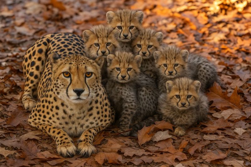 Guepard petits famille faune nature safari mammiferes predateur conservation habitat soleil air animal groupe carnivore grand chat espece menacee afri Dans un cadre naturel, une mère guépard est allongée avec ses petits autour d'elle. La mère guépard a un pelage distinctif tacheté de noir et de brun, et ses yeux sont fixés vers l'avant. Les petits, qui sont plus petits et ont un pelage plus clair, sont assis et debout autour d'elle. Ils regardent tous dans des directions différentes, certains avec la tête tournée vers la caméra. Le sol est couvert de feuilles sèches, et la lumière du soleil projette une lueur chaleureuse sur la scène.