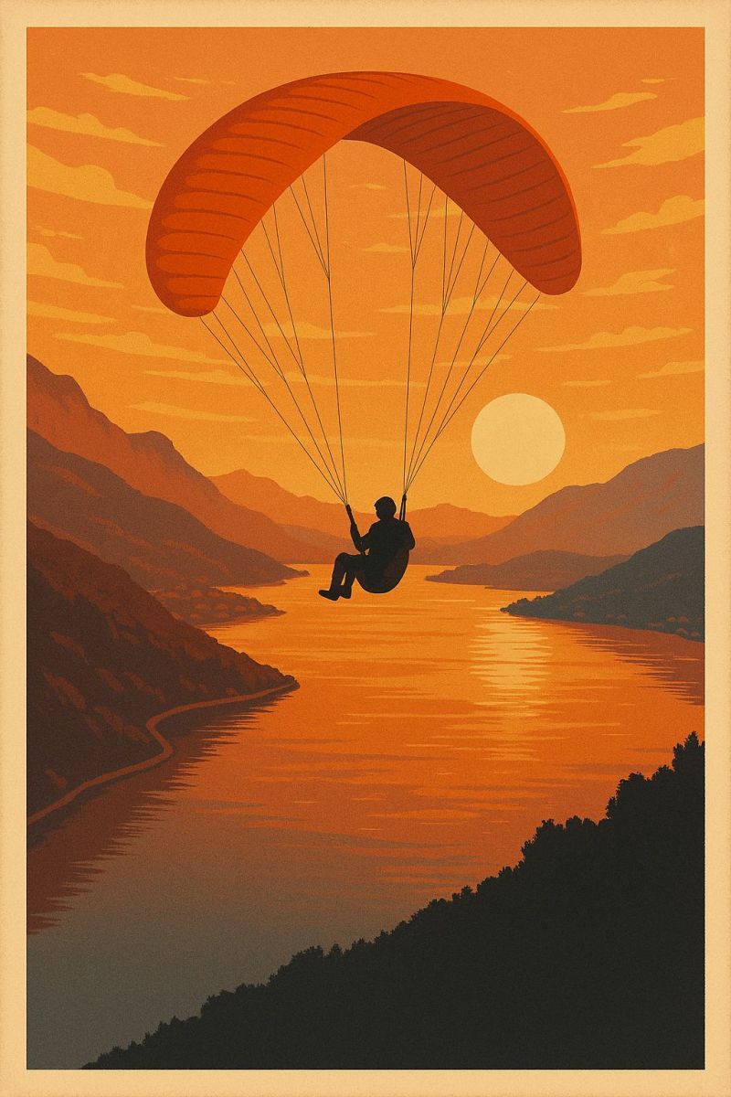 Parapente coucher soleil montagnes lac ciel aventure voyage nature eau reflet horizon collines arbres chemin soiree Planeur planant au-dessus d'un paysage serein. Le planeur, avec sa verrière orange vibrante, glisse gracieusement dans le ciel. En dessous, un lac tranquille s'étend, reflétant les teintes chaudes du soleil couchant. Le soleil lui-même est partiellement obscurci par le planeur, projetant une lueur dorée sur la scène. En arrière-plan, une silhouette de montagnes encadre l'horizon, ajoutant à la vue pittoresque. Le ciel est peint de couleurs douces et chaudes, passant de l'orange près de l'horizon à une teinte plus claire en montant. L'atmosphère générale est paisible et idyllique, capturant l'essence d'un moment parfait dans la nature.