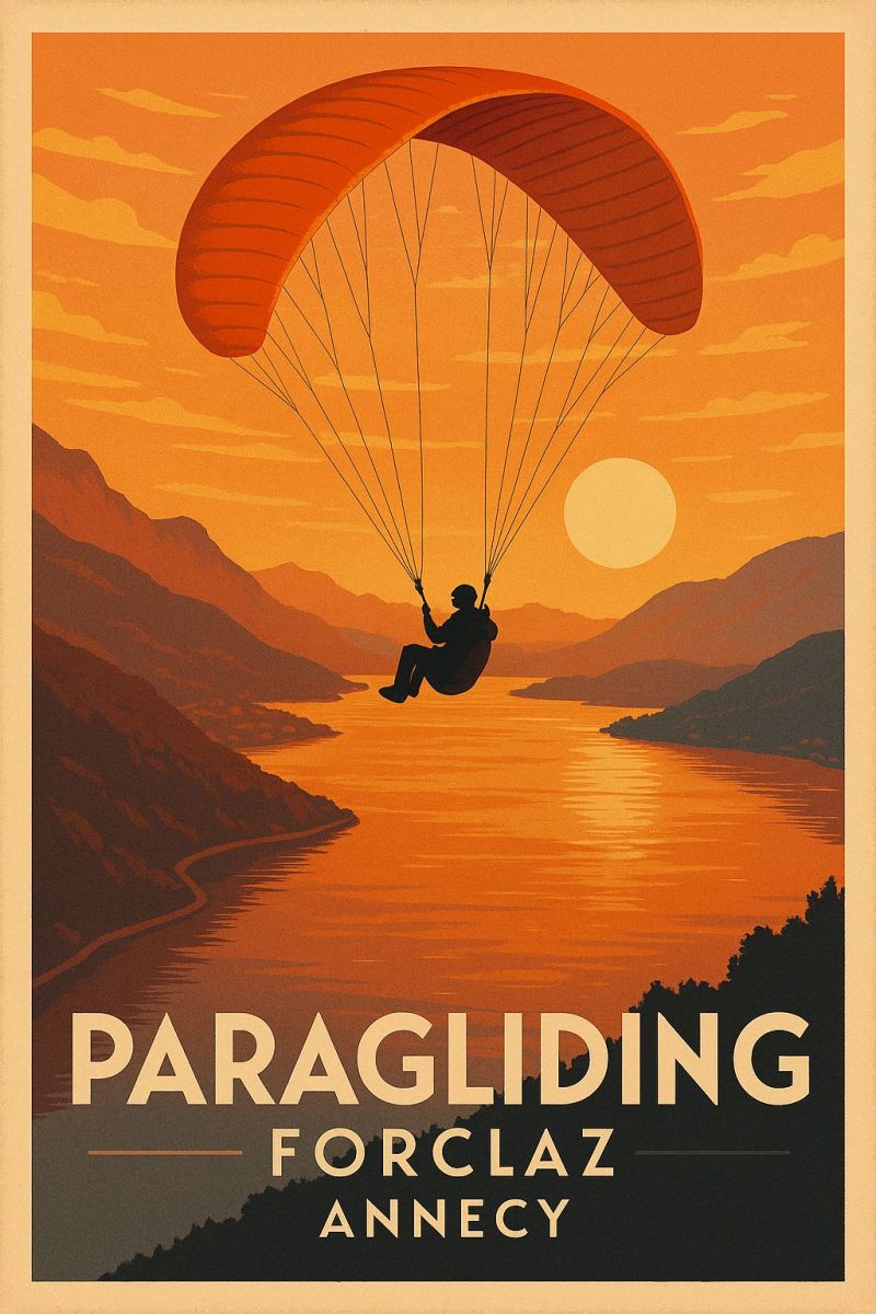 Parapente montagnes lac coucher soleil ciel aventure voyage air parachute eau horizon nuages soiree nature activite Scène vibrante d'une personne en parapente au-dessus d'un lac serein. Le parapentiste est suspendu en plein air, avec un parachute orange gonflant au-dessus d'eux. Le parachute est attaché à la personne par une série de lignes, créant une silhouette saisissante contre le ciel aux teintes chaudes et orangées. Le ciel est peint de nuances d'orange et de rose, indiquant soit un lever de soleil, soit un coucher de soleil. Sous le parapentiste, il y a un lac tranquille avec de douces ondulations reflétant les couleurs du ciel. En arrière-plan, il y a des montagnes avec une silhouette d'arbres et un soleil couchant, ajoutant au paysage pittoresque. L'image est encadrée par les mots 