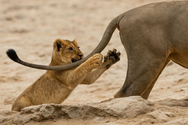 Lion lionceau jouer queue patte rocher sable sauvage nature animal mammifere faune jungle safari afrique predateur roi feroce force Un jeune lionceau s'engage de manière ludique avec un lion adulte. Le lionceau est positionné au sol, ses pattes avant agrippant la queue du lion adulte, qui est légèrement soulevée. La queue du lionceau est également tenue par le lion adulte, créant une interaction dynamique entre les deux. La scène se déroule dans un environnement sablonneux et rocheux, avec le sol couvert de petits cailloux et de taches de sable. Le corps du lion adulte est principalement visible, avec sa queue et ses pattes arrière au premier plan, tandis que le corps du lionceau est partiellement obscurci par le lion adulte. Le visage du lionceau est tourné vers le lion adulte, montrant son expression joueuse et curieuse.