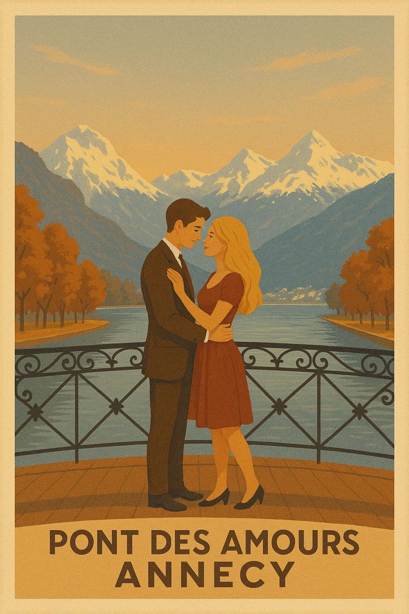 Couple amour romance montagne lac pont nature ciel coucher soleil arbres eau ville architecture mode cheveux chaussures Une scène romantique se déroule sur un balcon donnant sur un lac serein. Un homme et une femme se tiennent près l'un de l'autre, partageant un tendre baiser. L'homme porte un costume et une cravate, tandis que la femme arbore une robe rouge. Derrière eux, une balustrade noire décorative encadre la vue. Le lac est calme, reflétant le ciel et les montagnes lointaines. Les montagnes sont enneigées, avec des arbres bordant le rivage. Le ciel est un doux dégradé de bleu et d'orange, suggérant l'aube ou le crépuscule. L'image est encadrée avec une palette de couleurs chaleureuse et nostalgique, et le texte 
