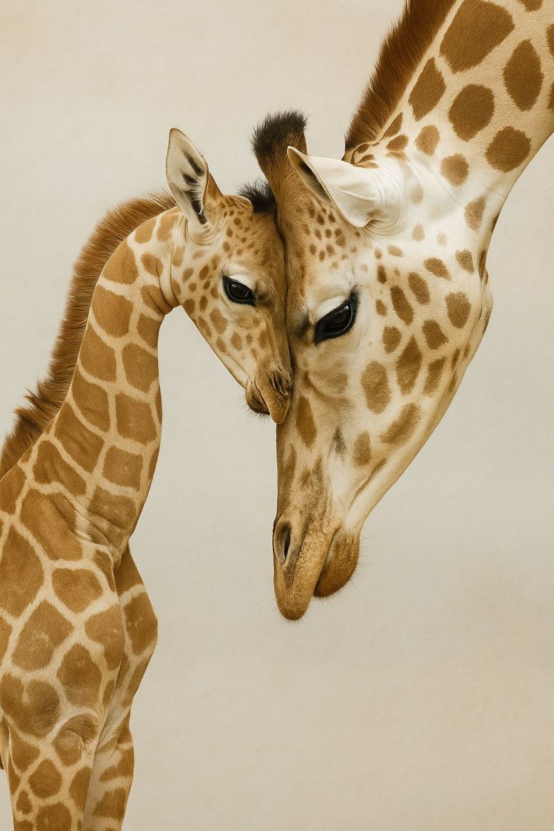 Giraffe wildlife animal mammal nature zoo safari conservation affection love habitat baby endangered species behavior mother child sanctuary a mother giraffe and her young calf are standing close together. The mother giraffe has a light brown coat with darker brown patches and spots. She is looking down at her calf, who is standing upright and facing her. The calf has a similar coat pattern, but its spots are slightly lighter. The background is a plain, light beige color, providing a simple and uncluttered  for the giraffes. The mother giraffe's head is gently touching the calf's head, indicating a tender and affectionate moment between the two.