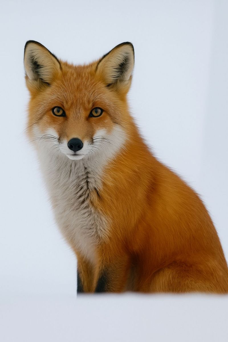 Renard faune animal nature mammifere fourrure oeil neige air sauvage tete gros rouge oreille patte sol Un renard roux est assis sur une surface enneigée. Le renard a un pelage orange vif avec des taches blanches sur sa poitrine et son cou. Son visage est vif et alerte, avec des yeux jaunes brillants et un nez noir. Les oreilles du renard sont pointues et dressées, et son pelage est épais et moelleux. Le fond est d'un blanc uni, ce qui fait ressortir le renard.