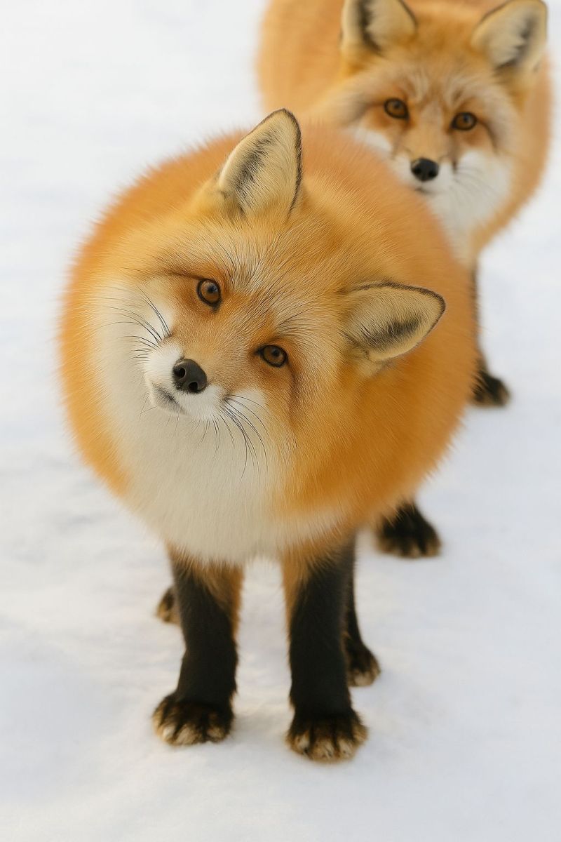 Faune animal nature neige fourrure mammifere air debout gros rouge sauvage renards renardeau Deux renards roux se tiennent dans un environnement enneigé. Le renard au premier plan a un pelage orange pelucheux avec un ventre blanc, et sa tête est légèrement inclinée vers la gauche. Ses yeux sont brillants et vigilants, et il a un nez noir et des moustaches. Le renard derrière lui est partiellement obscurci mais a également un pelage orange similaire. Les deux renards ont des pattes et des pattes noires, et leur fourrure est épaisse et bien adaptée au froid. La neige est blanche et couvre le sol, créant un arrière-plan serein et hivernal.