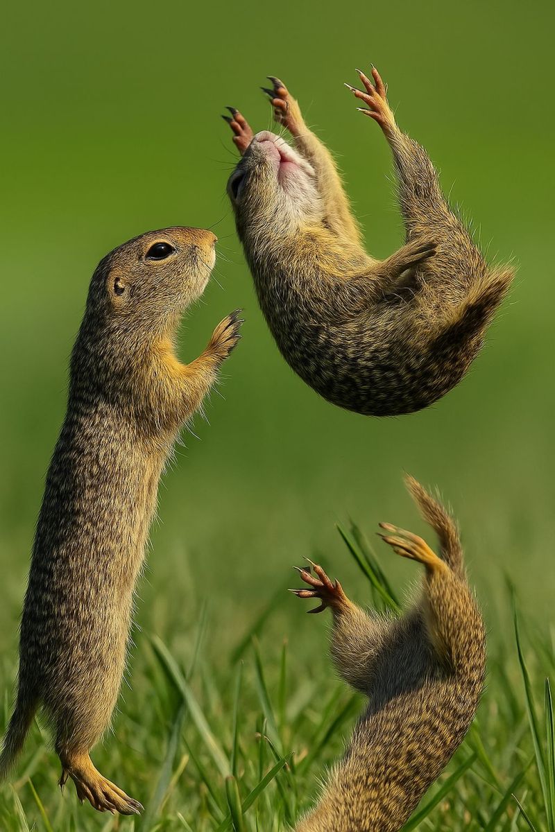 Animal faune herbe nature air jouer sauter rongeur mammifere prairie champ vert fourrure queue pattes yeux oreilles soleil sol ecureuil Dans un champ herbeux, trois écureuils de terre s'adonnent à des activités ludiques. L'écureuil de gauche se tient debout sur ses pattes arrière, la tête inclinée vers le haut et la bouche ouverte comme s'il regardait quelque chose d'intéressant. L'écureuil du milieu est en plein saut, les pattes avant levées et le corps arqué, semblant sauter vers l'écureuil de gauche. L'écureuil de droite est également debout sur ses pattes arrière, face aux deux autres écureuils, la bouche ouverte. L'arrière-plan est d'un vert vibrant, suggérant une journée ensoleillée.