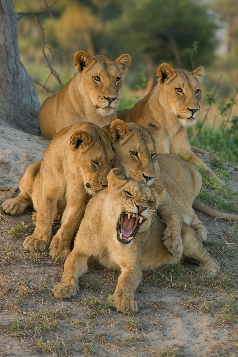 Lions faune safari nature animaux mammiferes predateurs petits fierte air sauvage herbe arbres soleil sol jeu interaction famille afrique conservation Dans un cadre naturel, un groupe de lions est rassemblé autour d'un gros tronc d'arbre. Un lion est allongé sur le sol, la gueule ouverte, montrant ses dents, tandis qu'un autre lion est assis dessus. Deux autres lions sont assis sur le sol, dont l'un regarde directement la caméra. Les lions regardent tous dans des directions différentes, et le sol est couvert d'herbe et de petites plantes. L'arrière-plan présente un arbre aux feuilles vertes et un ciel clair.