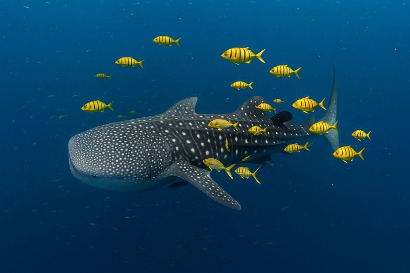 Ocean poisson sous marin nage faune aquatique mer dauphin bleu nature animal requin tropical recif baleine vie corail tortue plongee scaphandre Un grand requin-baleine nage gracieusement dans l'océan, entouré par une école de petits poissons jaunes. Le requin-baleine a un motif distinctif de taches blanches sur sa peau gris foncé, et sa grande tête arrondie est visible. Les poissons jaunes nagent en cercle autour du requin-baleine, certains d'entre eux nageant près de son corps. L'eau de l'océan est d'une couleur bleu profond, et il y a de petites bulles et des particules flottant dans l'eau.