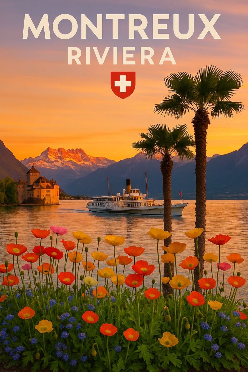 Montreux riviera suisse lac bateau montagnes chateau coucher soleil fleurs voyage vacances nature tourisme air eau ciel reflexion palmier arbres Scène sereine au bord d'un lac avec un grand plan d'eau reflétant les teintes chaudes d'un coucher de soleil. Au premier plan, il y a un étalage vibrant de fleurs, y compris des fleurs rouges, jaunes et bleues, créant un premier plan coloré et animé. Deux grands palmiers se dressent de manière proéminente dans la scène, ajoutant une touche tropicale au paysage. Au milieu du plan, un grand bateau blanc avec un toit rouge navigue sur l'eau, ajoutant un sentiment de mouvement et d'activité. Au fond, il y a une structure semblable à un château avec une tour, placée contre un arrière-plan de montagnes majestueuses. Le ciel au-dessus est peint avec les couleurs douces et chaudes du soleil couchant, créant une atmosphère pittoresque et tranquille.