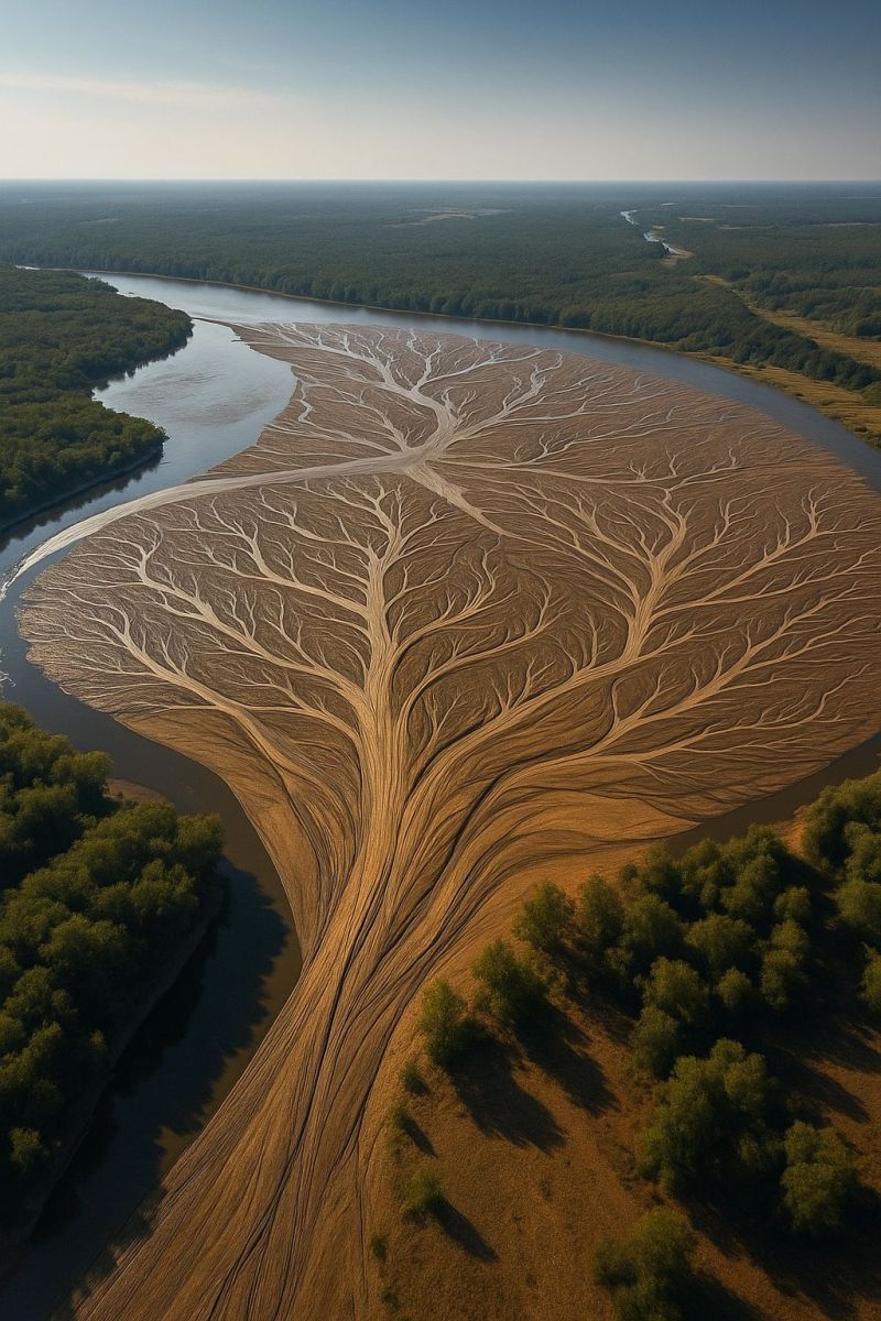 Aerien riviere arbre nature foret eau branche sol ciel sec Une vue aérienne d'une rivière avec un motif unique en forme d'arbre de branches formées par le flux de la rivière. La rivière est entourée d'une végétation luxuriante et verte, et le paysage est vaste et ouvert. Le ciel est clair et bleu, et les rayons du soleil projettent une lueur chaude sur la scène. La rivière semble être une merveille naturelle, avec son design complexe et la façon dont elle serpente à travers la terre.