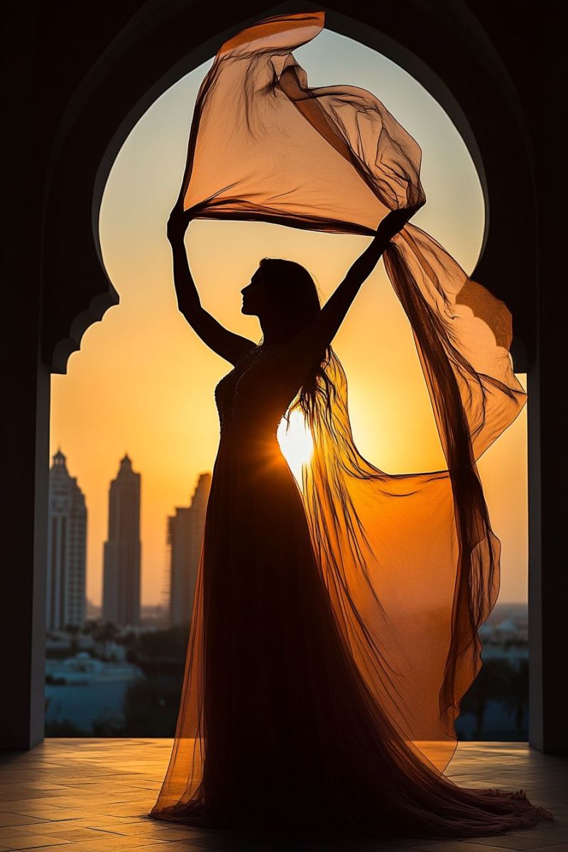 Coucher soleil ambiance soiree romantique femmes dansant traditionnels culturels terrasse urbain C'est une photographie en couleur qui capture un individu dans le silence, qui effectue une mouvement de danse avec un bras étendu et l'autre plié à la cuissière. La personne se tient contre un fond qui inclut un coucher de soleil ou un lever du soleil, une silhouette d'une ville et un grand ouverture ou arc par lequel elle pose. Le habillement de l'individu suggère un style culturel ou traditionnel, peut-être d'Ancien Inde du Sud, avec des vêtements longs et fluants qui ressemblent à une jupe et un pechér ou châle posé sur l'épaule. Le mouvement de la pose et l'indication de dynamisme peuvent suggérer une joie ou célébration. La lumière met en valeur les contours du danseur contre le délicat éclairage du soleil.