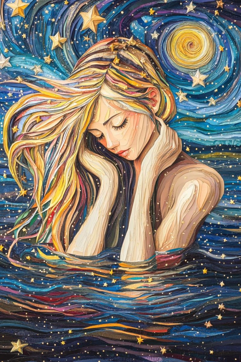 Painting starry night celestial woman girl female colorful emotional sky contemplative This is a digital artwork that features the human eye, specifically focusing on the iris and pupil. The eye appears to be looking at the viewer with a sense of contemplation or emotion. Below the eye, there's an image of a hand holding what seems to be water droplets. The water droplets are clear and seem to be in motion. There is also a reflection on the surface below the eye, which looks like it could be ripples on water. The overall color palette of the artwork is muted with shades of blue, brown, and white.