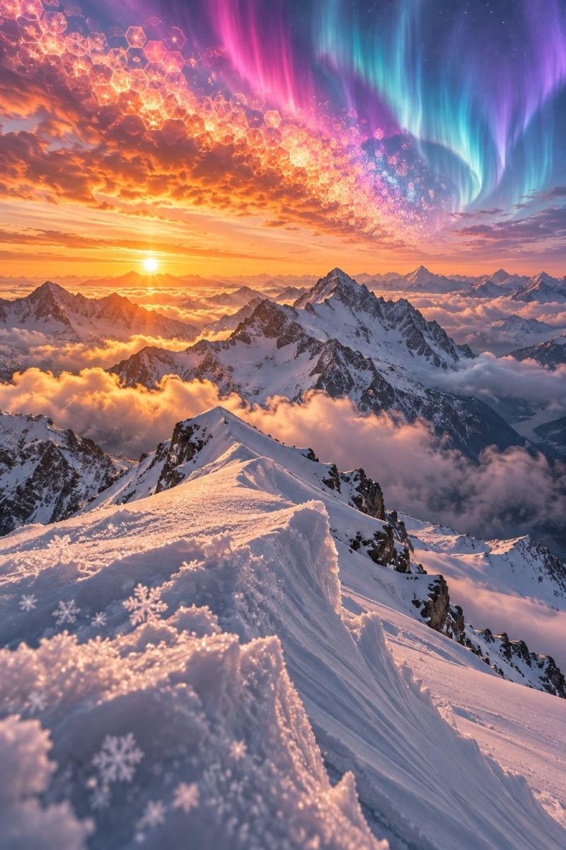 Montagnes neige ciel nuages soleil coucher nature aurore hiver glace roches brouillard reflexion ombre horizon distance nord scène à couper le souffle d'une chaîne de montagnes enneigées sous un ciel vibrant et coloré. Le soleil se couche à l'horizon, projetant une lumière chaude et dorée sur le paysage. Le ciel est un mélange de bleus profonds, de violets et de roses, avec un superbe spectacle d'aurores en nuances de vert, rose et violet. Les aurores sont dynamiques et fluides, ajoutant une touche magique à la scène. Les montagnes sont couvertes de neige, avec des pics aigus et un terrain accidenté. Le premier plan montre une pente enneigée raide avec des flocons de neige visibles dispersés à la surface. L'atmosphère générale est sereine et impressionnante, capturant la beauté de la nature à son meilleur.