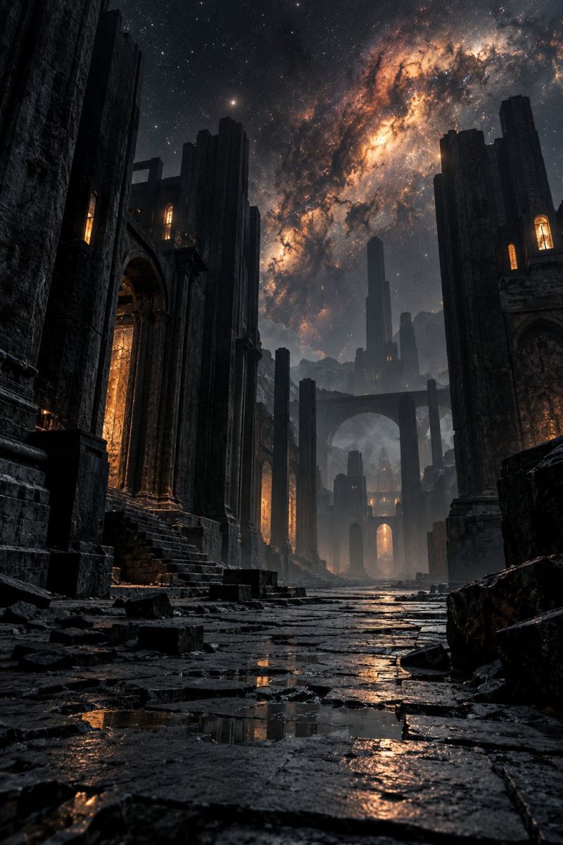 Architecture building castle city dark design fantasy fictional fort fortification fortified forts futuristic galaxy gothic cathedral cathedrals dark, ancient cityscape under a night sky filled with stars and a vibrant galaxy. The city is composed of towering, weathered stone structures with arches and columns, some of which are in ruins. The buildings are illuminated by warm, golden light spilling from the windows, casting long shadows on the cobblestone streets. The ground is uneven, with puddles reflecting the light, adding to the mysterious atmosphere. The sky above is a deep, dark blue, contrasting with the bright, swirling colors of the galaxy in the background.