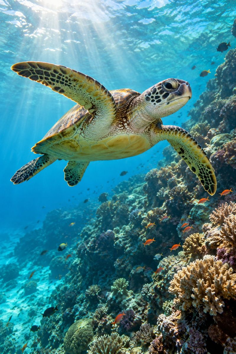 Tortue mer ocean sous marin poisson soleil faune aquatique natation corail recif vie marine nature plongee tuba Une tortue de mer nage gracieusement dans une eau bleue claire, sa grande carapace à motifs et ses nageoires étant visibles. La tête de la tortue est légèrement tournée vers la droite et la lumière du soleil filtre à travers l'eau, illuminant ainsi la scène. Le fond de l'océan est recouvert de récifs coralliens éclatants de différentes couleurs et de nombreux petits poissons nagent autour des tortues et des coraux.