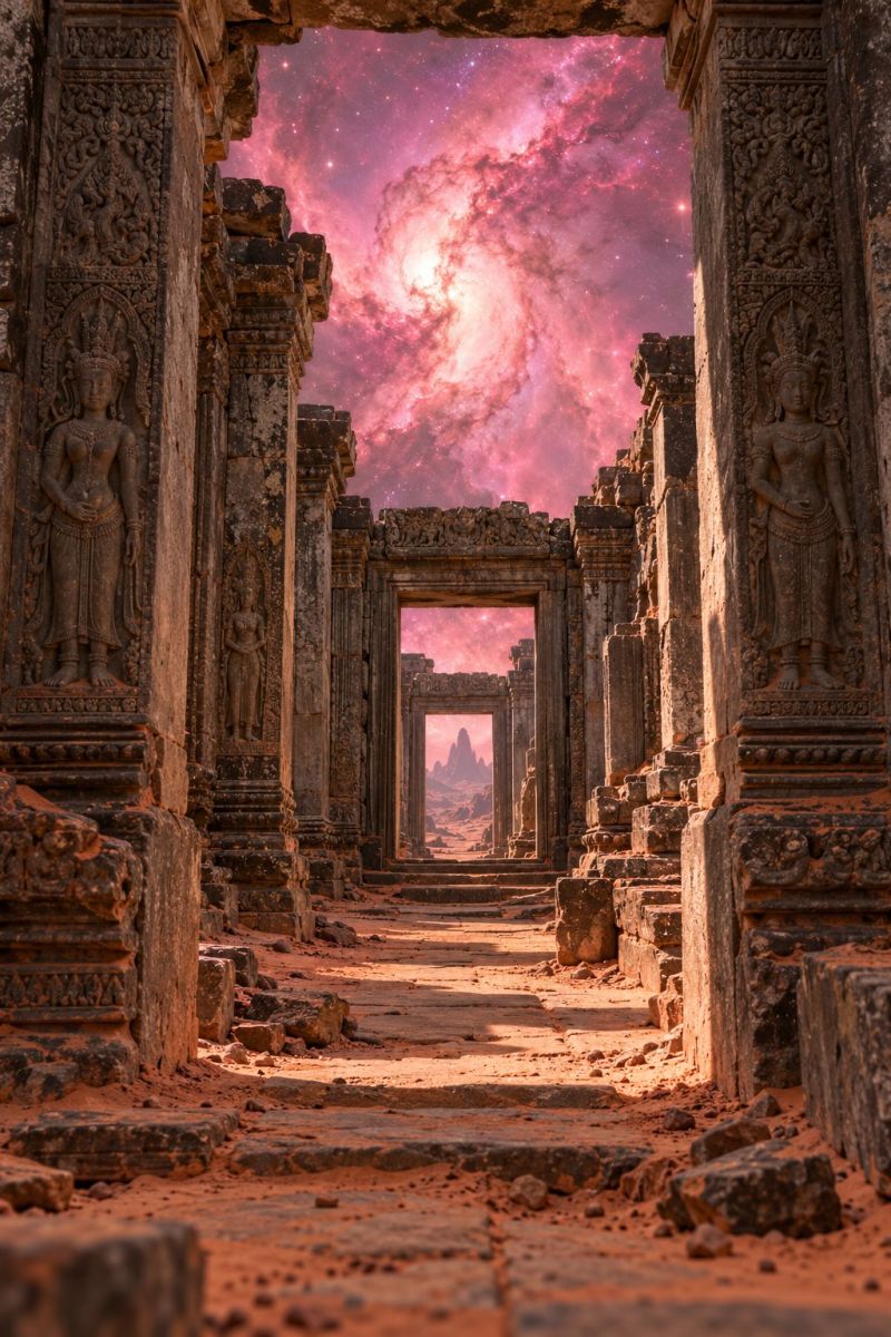 Ancient architecture building carving column desert deserted dust dusty empty entrance galaxy history inscription interior monument outdoors ancient temple ruin with intricately carved stone pillars and walls. The temple is set against a back of a vibrant, pinkish galaxy with stars. The central pathway of the temple is lined with stone steps leading to a grand entrance. On either side of the entrance, there are statues carved into the stone, depicting figures in traditional attire. The sky above the temple is filled with a stunning display of cosmic colors, creating a surreal and otherworldly atmosphere.