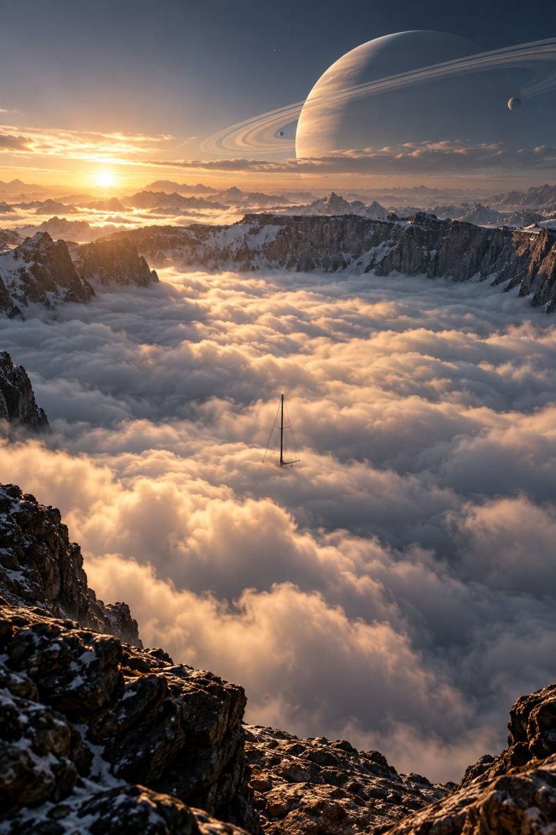 Mountains sky clouds sunset planet space astronomy nature horizon rocks rock rocky mountain cliff side edge breathtaking scene of a sunset over a mountainous landscape. The sun is setting on the horizon, casting a warm, golden light across the sky and the clouds below. The clouds are thick and puffy, creating a sense of depth and atmosphere. In the foreground, there is a sailboat with a tall mast, floating on the clouds. The sailboat appears to be sailing through the clouds, adding a sense of adventure and exploration to the scene. In the distance, there is a large planet with rings, adding a sense of scale and wonder to the image. The sky is a deep blue, and the clouds are illuminated by the setting sun, creating a beautiful and serene atmosphere.