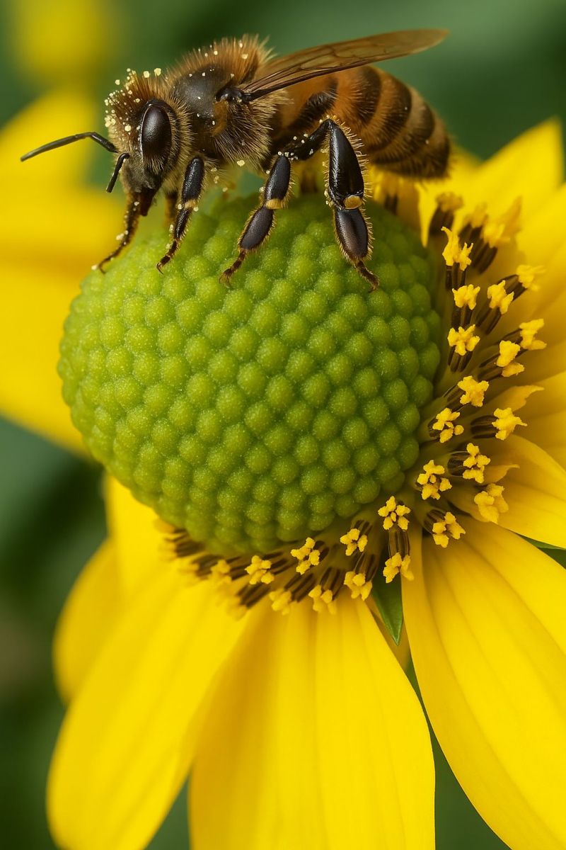 Bee flower pollination nature insect yellow green macro wildlife garden petals stem environment outdoors flora botany ecosystem pollinator sunlight A close-up of a bee sitting on a flower. The bee has a fuzzy body with a mix of brown and black colors, and it has a pair of large, dark eyes. Its legs are covered in pollen, indicating it has been collecting nectar. The flower beneath the bee is bright yellow with a green center, and it has a textured, bumpy surface. The petals are slightly curled, and the background is a soft, blurred green.