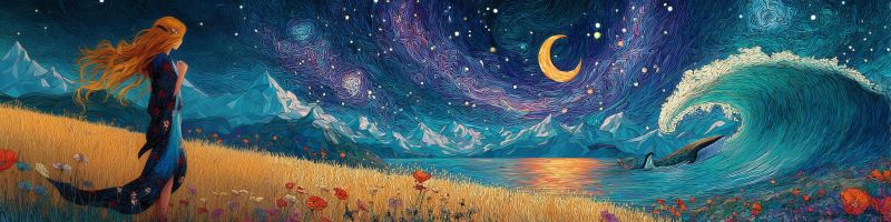 Nuit fantaisie ocean vague montagne ciel etoiles lune eau fleurs fille reve Une femme aux longs cheveux rouges flottants se tient dans un vaste champ doré rempli de fleurs sauvages. Elle porte une robe bleue fluide et regarde vers l'horizon. Le ciel au-dessus est d'un bleu profond étoilé, avec un croissant de lune et des étoiles scintillantes. Au loin, une grande vague s'écrase contre le rivage, où une baleine est visible. Derrière la vague, des montagnes s'élèvent vers le ciel, leurs sommets poudrés de neige. La scène est éclairée par la douce lueur de la lune et des étoiles, créant une atmosphère sereine et magique.